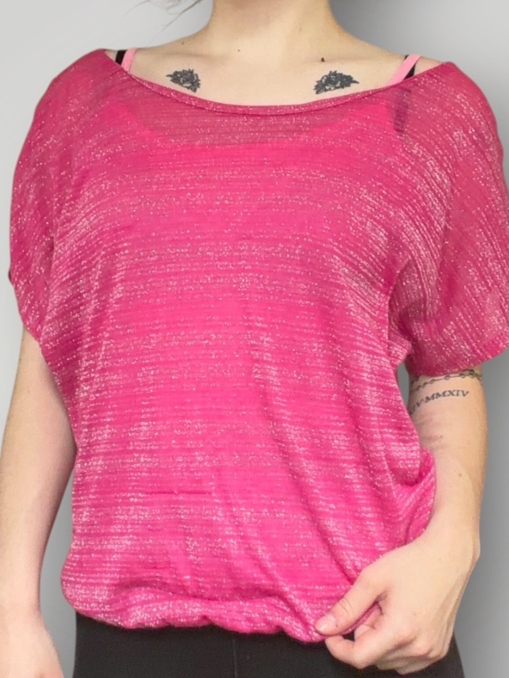 Mudd Hot Pink Sparkly Boatneck Blouson Top 2 Layers